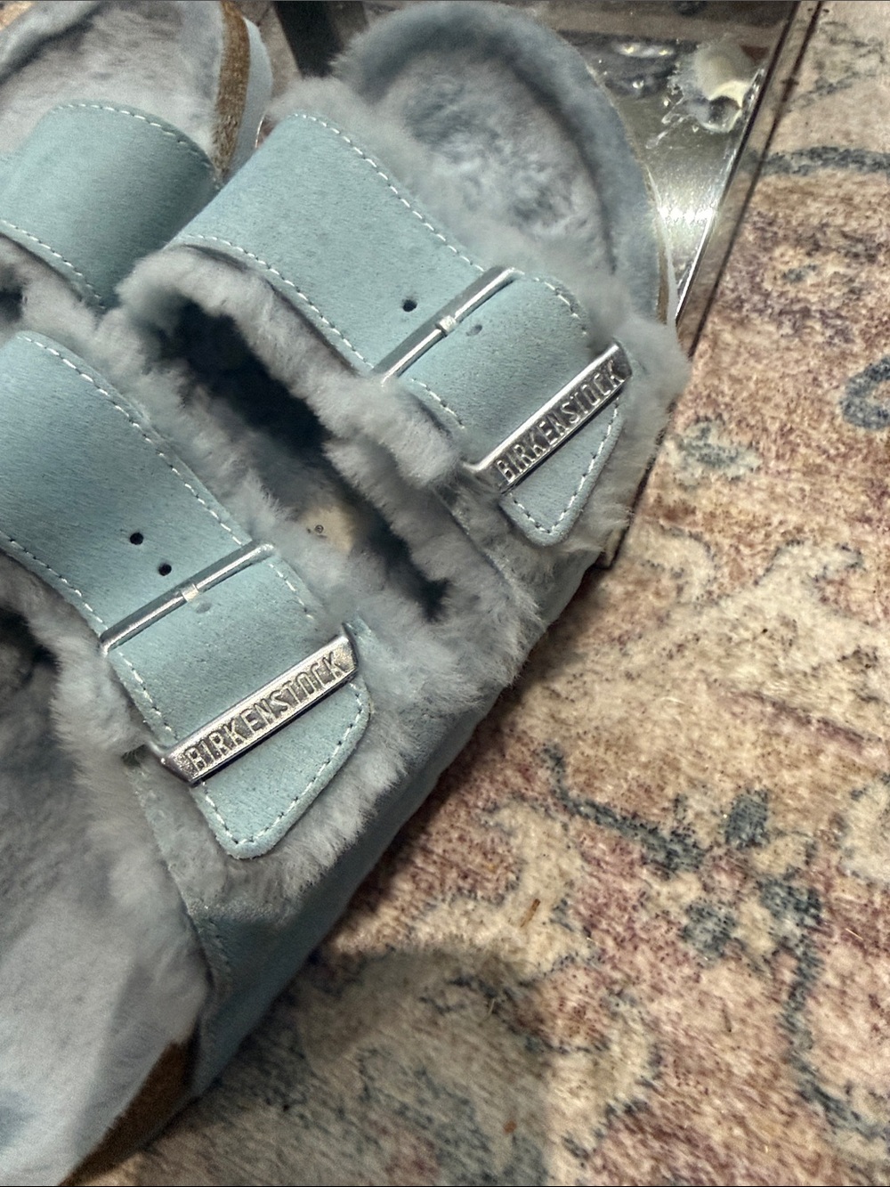 Birkenstock Silver-Gray Faux Fur Double Buckle Slides New - Picture 2 of 9